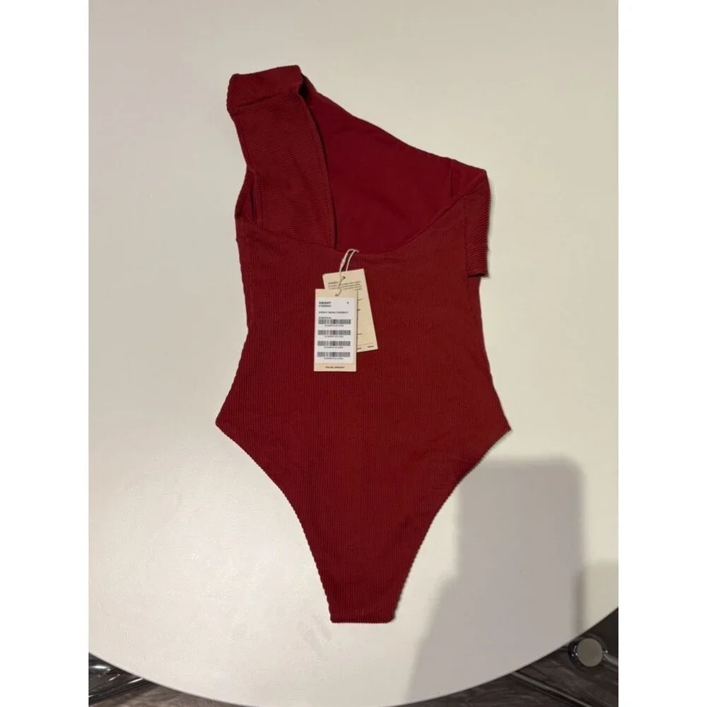 Haight Maria Ribbed One-Shoulder One-Piece Swimsuit Red Small NEW